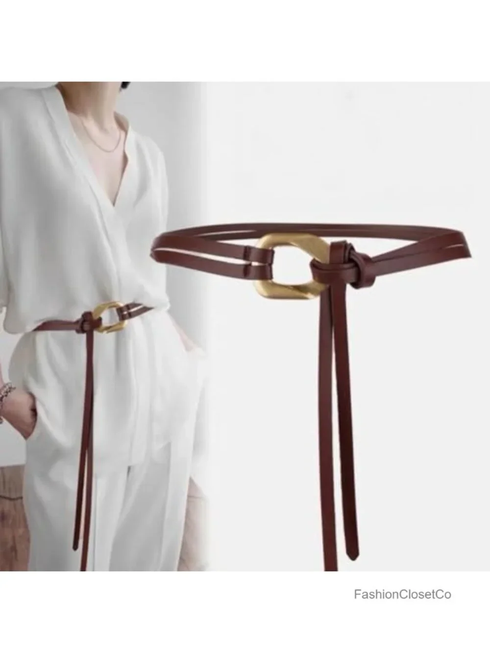 Women Double Strap Leather Belt Gold Buckle Retro Skinny Waist Belt with Tie
